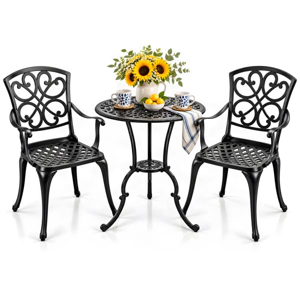 Centurion Supports VIVALDI 3-Piece Aluminium Garden Bistro Set - Round Table with Parasol Hole & 2 Generously Sized Armchairs - Baroque Design (Black)