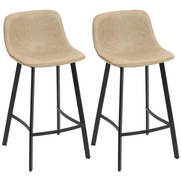 Set of 2 light brown PU leather bar stools with curved backrest and footrest, black legs