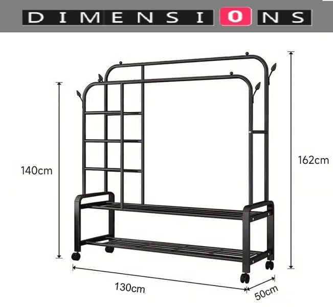 Modcraft Black Heavy Duty Double Clothes Rail with Wheels – Garment Hanging Rack & Storage Shelf