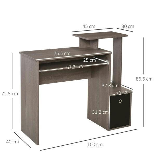 Grey computer desk with sliding keyboard tray and side storage drawer (dimensions)