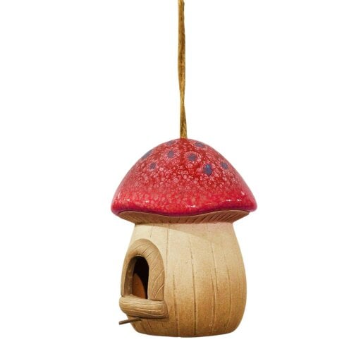 EDH Door Hardware Hand painted Red Terracotta Mushroom Bird House - Garden Décor, Fairy Cottage Style, Outdoor Hanging Birdhouse