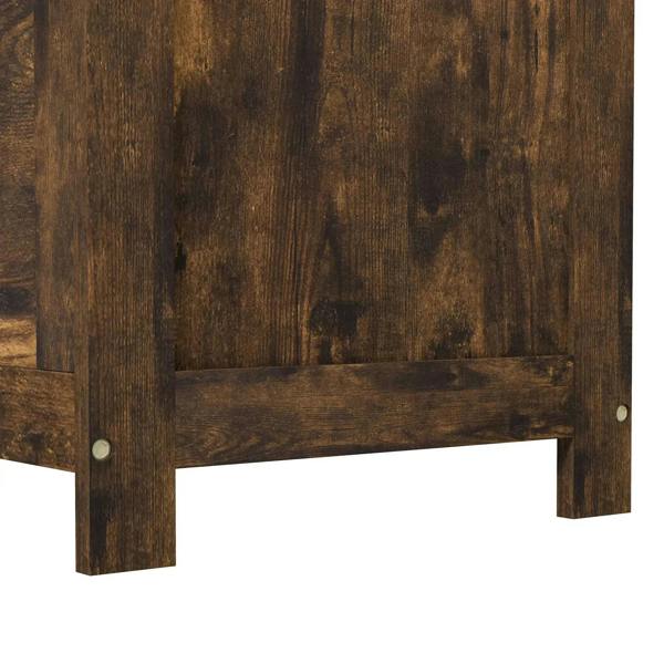 Bottom front view of rustic wooden storage chest legs and frame, dark brown finish