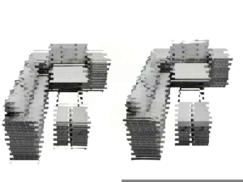 Fimous Garden Rattan Outdoor Furniture Set 8 Seater with 3 Seater Sofa 2 Side Table 2 Small Stools Dark Grey