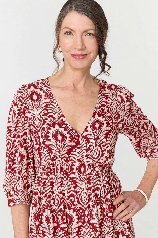 Red | Printed Ruched 3/4 Sleeve Midi Dress
