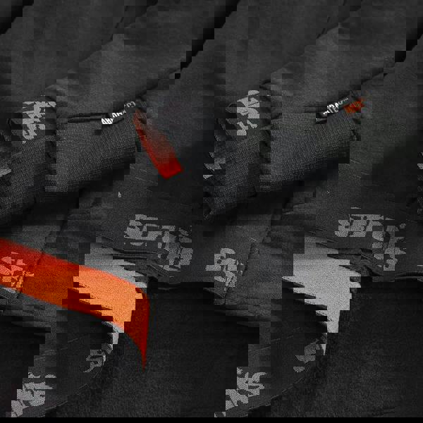 Scruffs Tech Mens Winter Warm Hooded Hoodie Sweat Shirt Jumper, close-up of black hoodie with branded elastic hems and breathable fabric details.