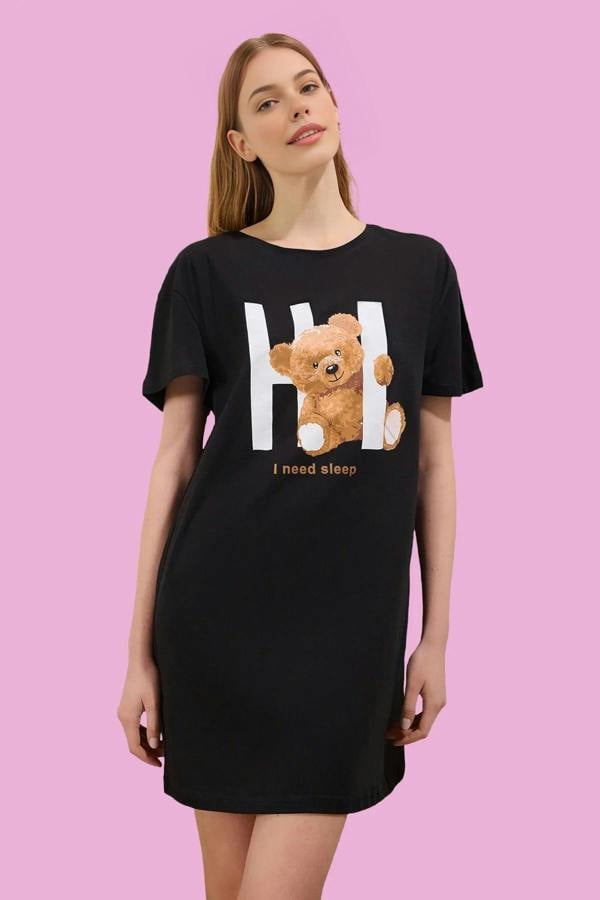 WOVCOR 100% Cotton Teddy Bear Slogan Knitted Nightdress