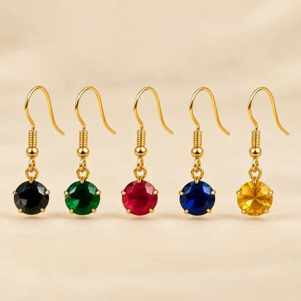 The Colourful Aura Gold Plated Round Coloured Stone Drop Earrings Black Green Red Blue Yellow