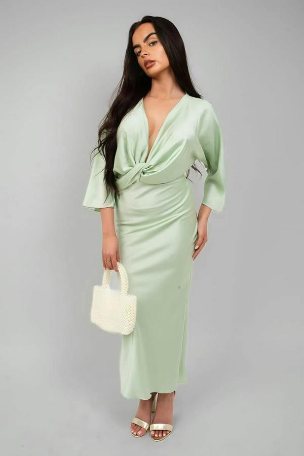 Kylie V-neck Twist Front Midi Dress - Mint