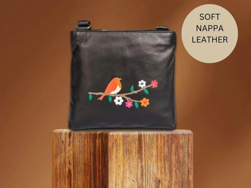 Mala Leather Robin Appliqué Crossbody Bag – Soft Nappa Leather with Adjustable Strap