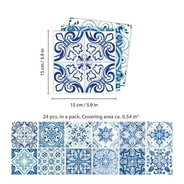 WT1587 - Blue Turkish Mediterranean Wall Tiles Sticker Set - 15 x 15 cm (6 x 6 in) - 24 pcs