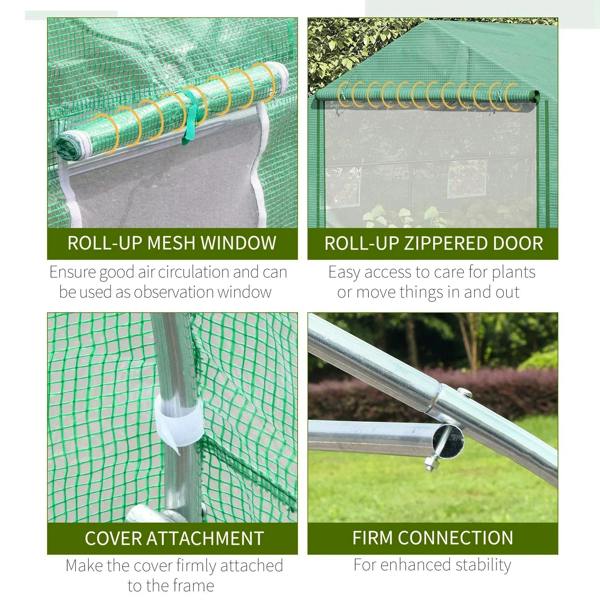 Green greenhouse features roll-up mesh window and roll-up zippered door
