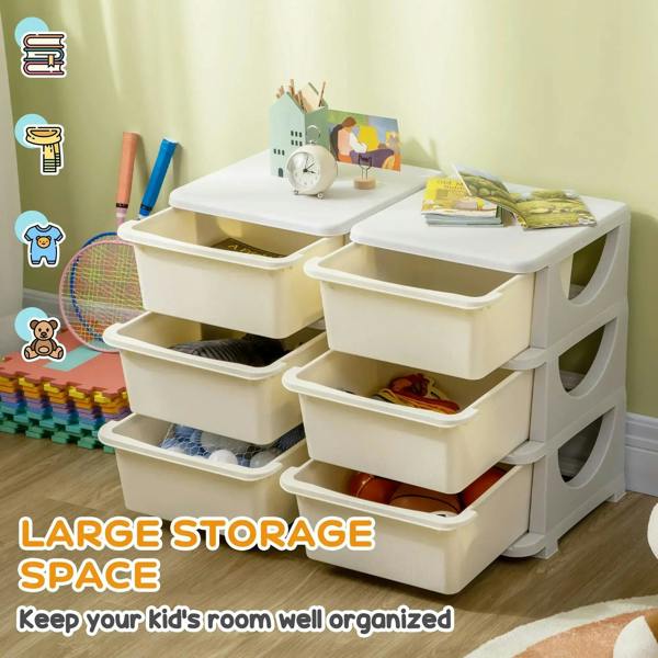Cream kids storage unit with six openable drawers, side view with scalloped drawer fronts.