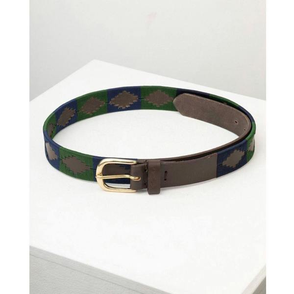 Rydale Askwith Polo Belt in green and navy with brown leather trim and brass effect buckle