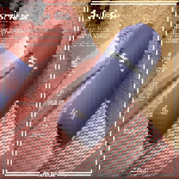 Purple flask resting on a striped towel on sand showcasing features like easy grip and 100% leak-proof in text On the Go Enjoy your beverages in style and sustainability anywhere anytime ION8 230 x 85 mm TRAVEL FLASK