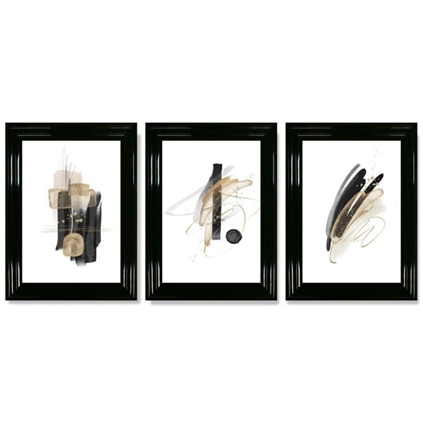 Set of 3 Abstract Black and Gold Fiesta Framed Art Prints with Glossy Black Frames