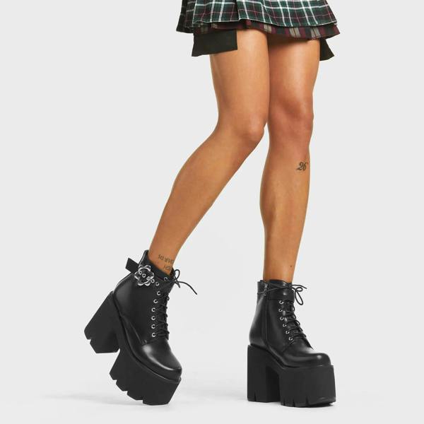 Lamoda Dreamer Black PU Chunky Platform Ankle Boots Goth Vegan Block Heel
