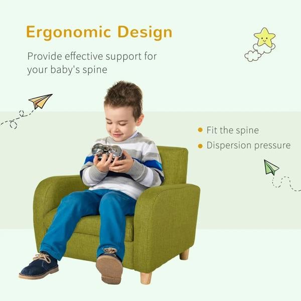 Green kids armchair with high back and supportive ergonomic design