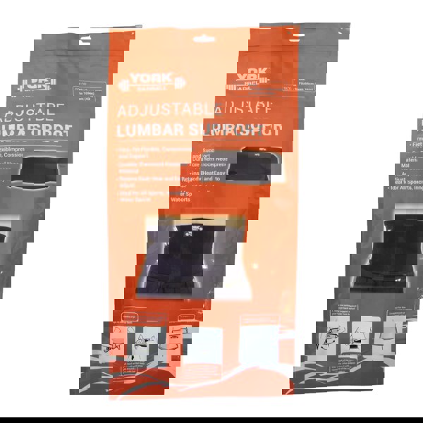 Front packaging on York Barbell adjustable lumbar support