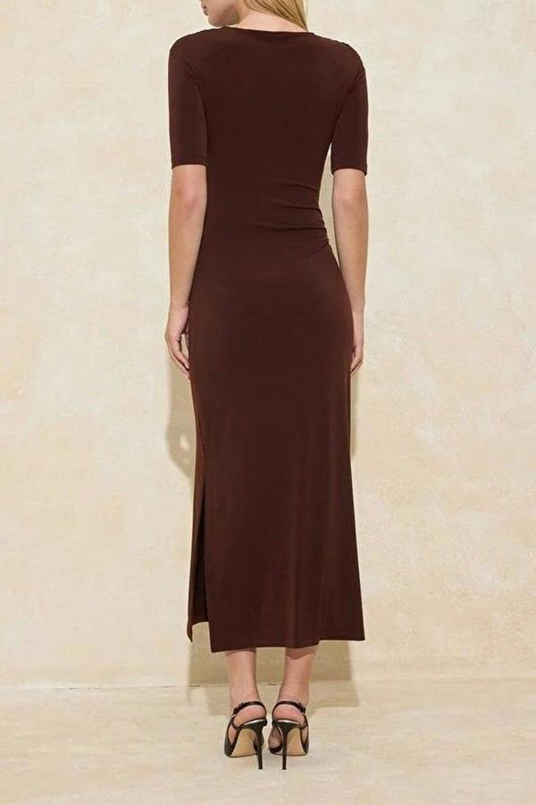 WOVCOR A-Line Asymmetrical Neckline Short-Sleeved Maxi Stretch Knit Dress