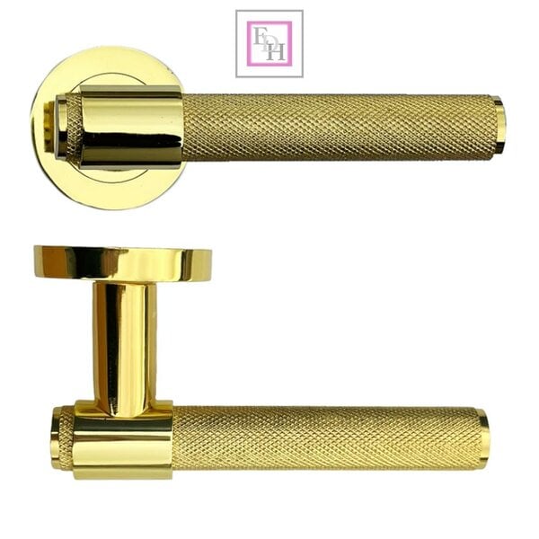 EDH Door Hardware Knurled Door Handles Brass Polished Loop & Neck Lever on Round Rose Latch Handle