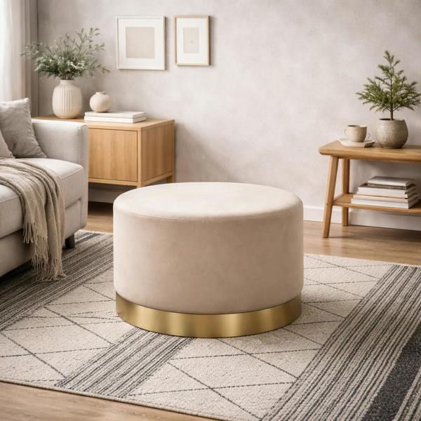 Wyld Haus Kalua Large Beige Velvet Stool Gold Base