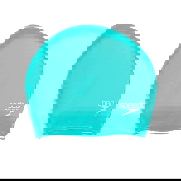 Speedo long hair silicone swim cap in blue with white logo