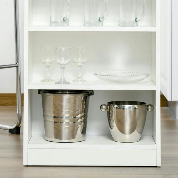 White lower shelf cabinet with stainless ice bucket and metal bowl