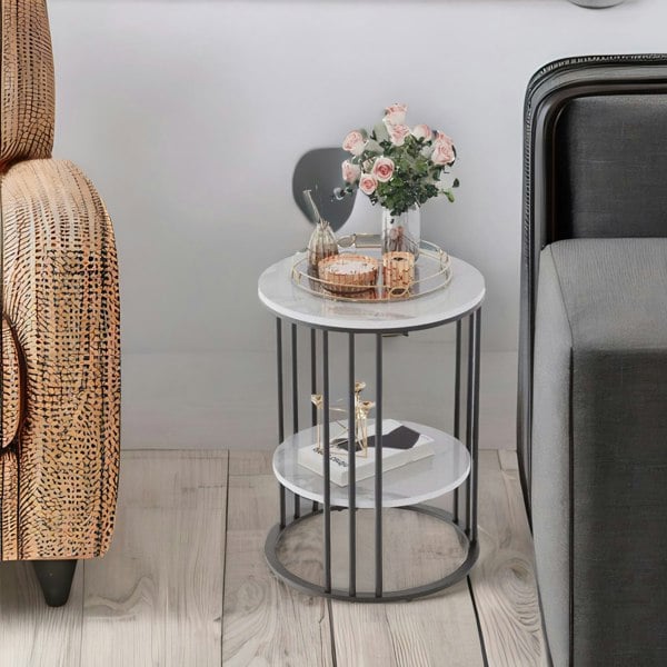 Rafaelo Mobilia 2 Tier Round Faux Marble Heavy Duty Side Table Black