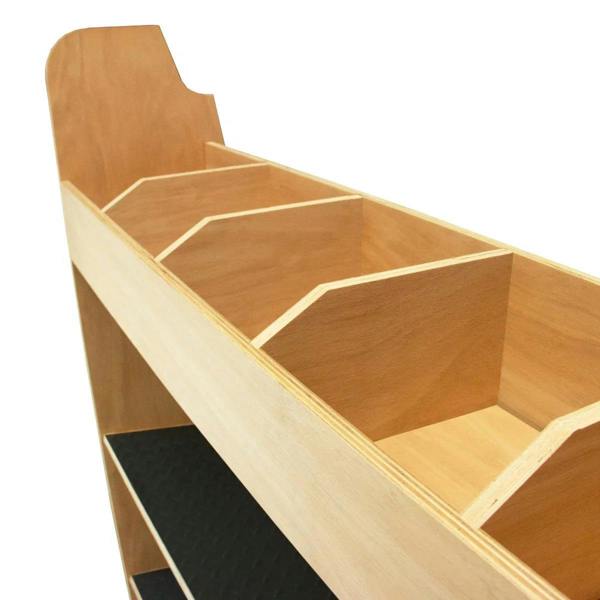 Ford Transit Custom toolbox van racking in light wood with multiple compartments, featuring a textured black rubber mat for grip