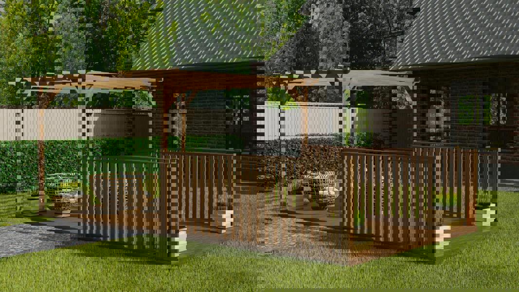 Rectangular pergola and decking kit with balustrade, made from pressure treated timber and high quality pergola posts, featuring a raised wooden deck, vertical slatted balustrade, and an open pergola roof frame.