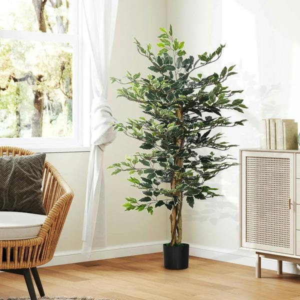 Artificial ficus tree with green realistic leaves and a black planter pot
