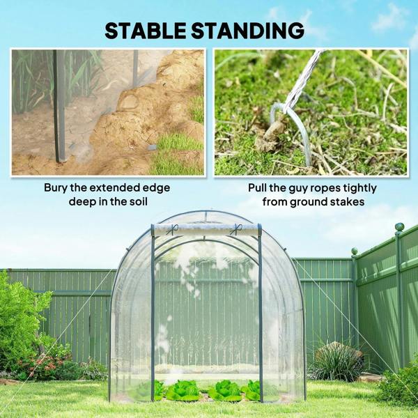 Clear freestanding greenhouse with arched steel frame and secured base edge