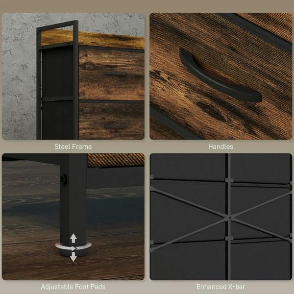 Black steel frame, handles, adjustable foot pads, and reinforced X-bar for drawer chest