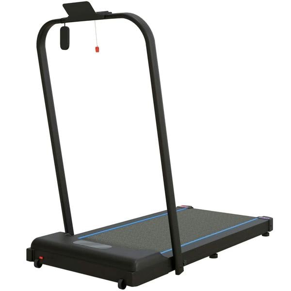 Folding walking pad treadmill with upright frame, black deck and gray belt, blue edge lines