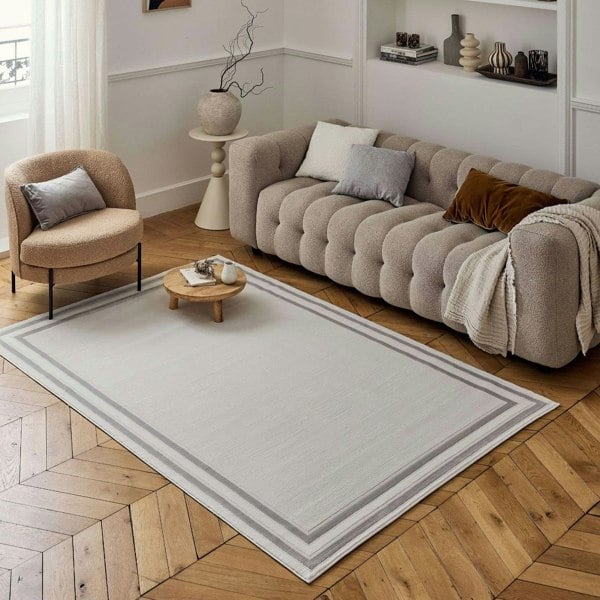 Bordered Living Room rug, grey-cream colours, stain-resistant and non-shedding