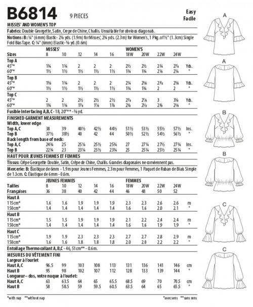 Butterick Sewing Pattern 6814, Tops for Women, B5 (8-10-12-14-16) - Easy