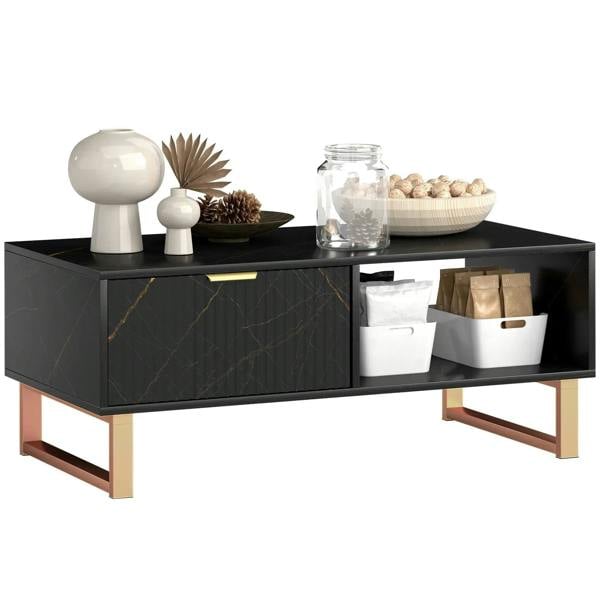 Black marble-effect storage coffee table with front cabinets and open right compartment