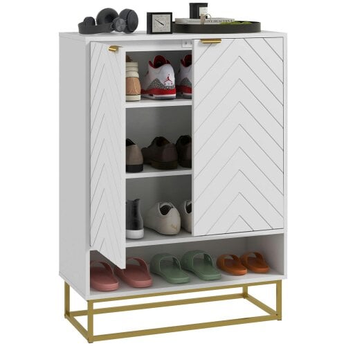 Wyld Haus Cosu White Wooden Chevron Shoe Cupboard With Bottom Shelf and Gold Accents For 12 Pairs