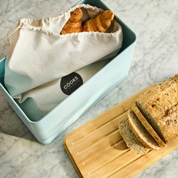 Cooks Professional Embossed Bread Bin, Linen Bag and Bamboo Board Set | Blue