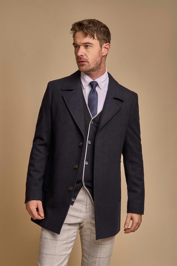 Marcus navy long coat front