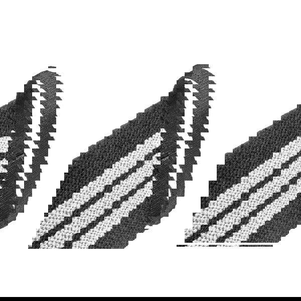 Close-up of a black and gray striped  adidas wrist wraps on a white background