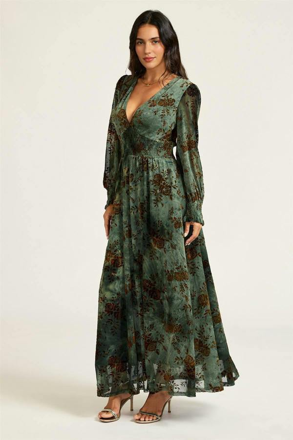 FS Collection Brown Floral Velvet Devore Long Sleeve Maxi Dress In Green
