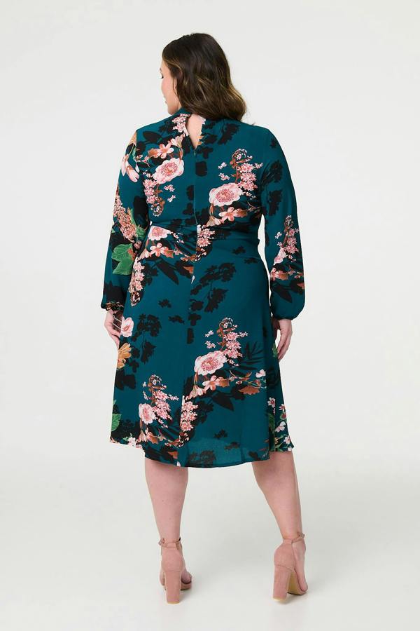 Teal | Curve Floral Long Sleeve Midi Dress
