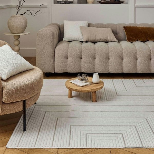 Geometric Living Room rug, beige-cream colours, stain-resistant and non-shedding