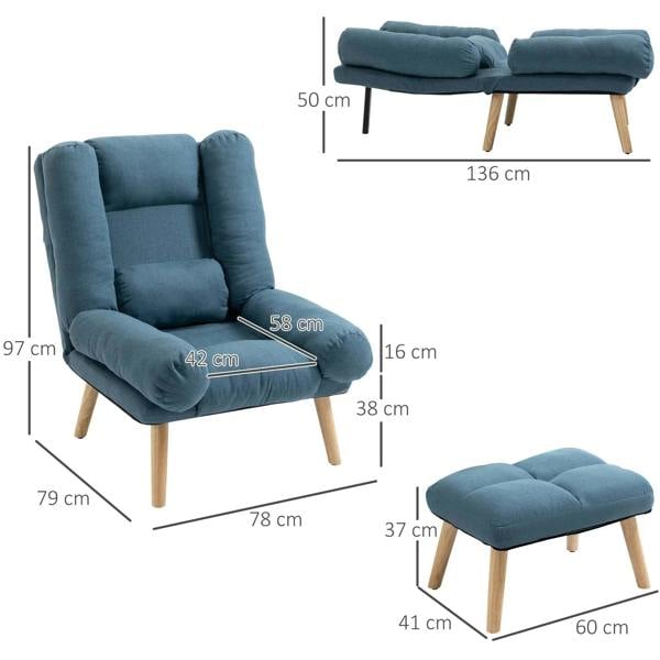 Blue upholstered recliner armchair with matching footstool and wooden legs