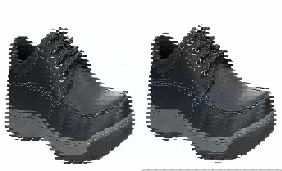 Hush Puppies Tucker Mens Casual Lace Up Smart Leather Shoes, black leather shoe with lace-up closure, cushioned collar, and durable rubber sole.