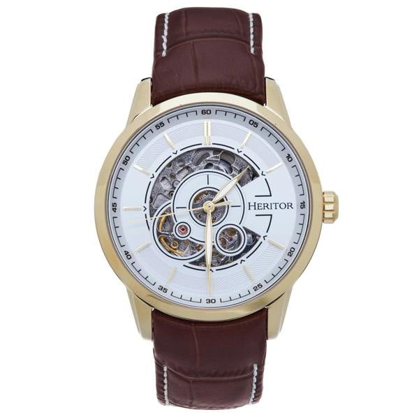 Heritor Automatic Davies Semi-Skeleton Leather-Band Watch - Gold/Brown - HERHS2504