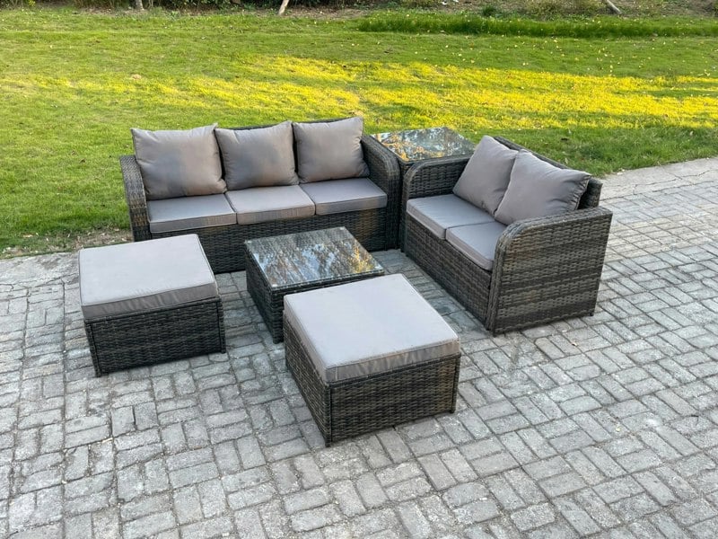 Fimous 7-Seater High Back Rattan Garden Lounge Set - Dark Grey Mixed Indoor/Outdoor Patio Sofa with Square Coffee Table & 2 Big Footstools