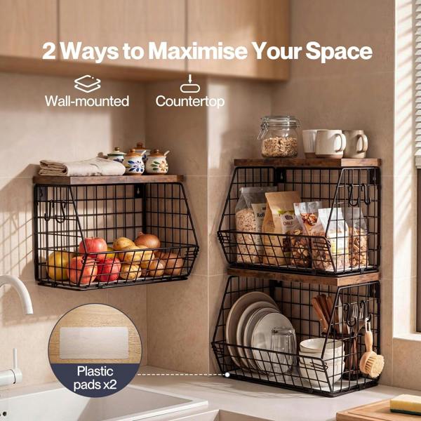 Toque Fruit Snack Storage Basket 2PCS Stackable Wall Mounted Kitchen Wood Lid