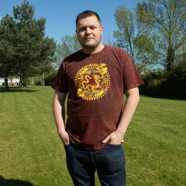 Maroon crew-neck cotton t-shirt with yellow dragon mandala graphic on chest